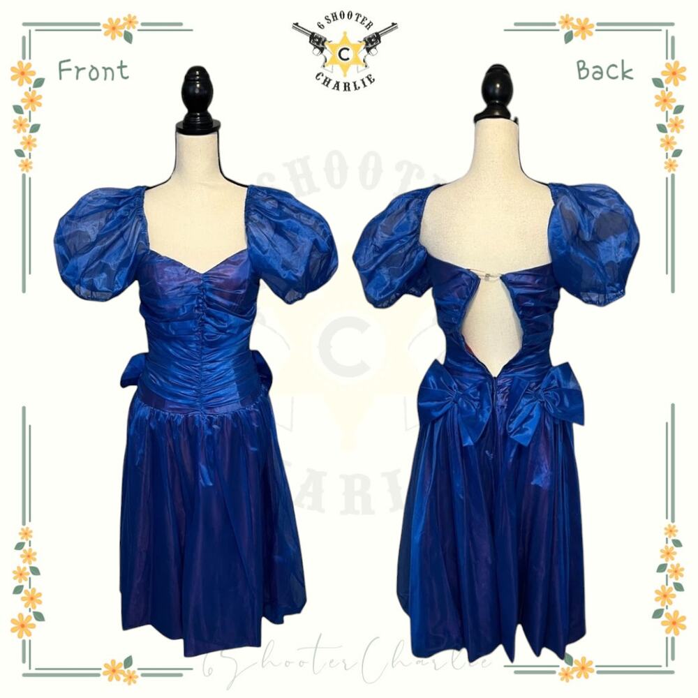 VTG Dance Allure Cocktail Dress Womens Sz 7/8 Blue Ruched Top Sheer Puff Sleeve